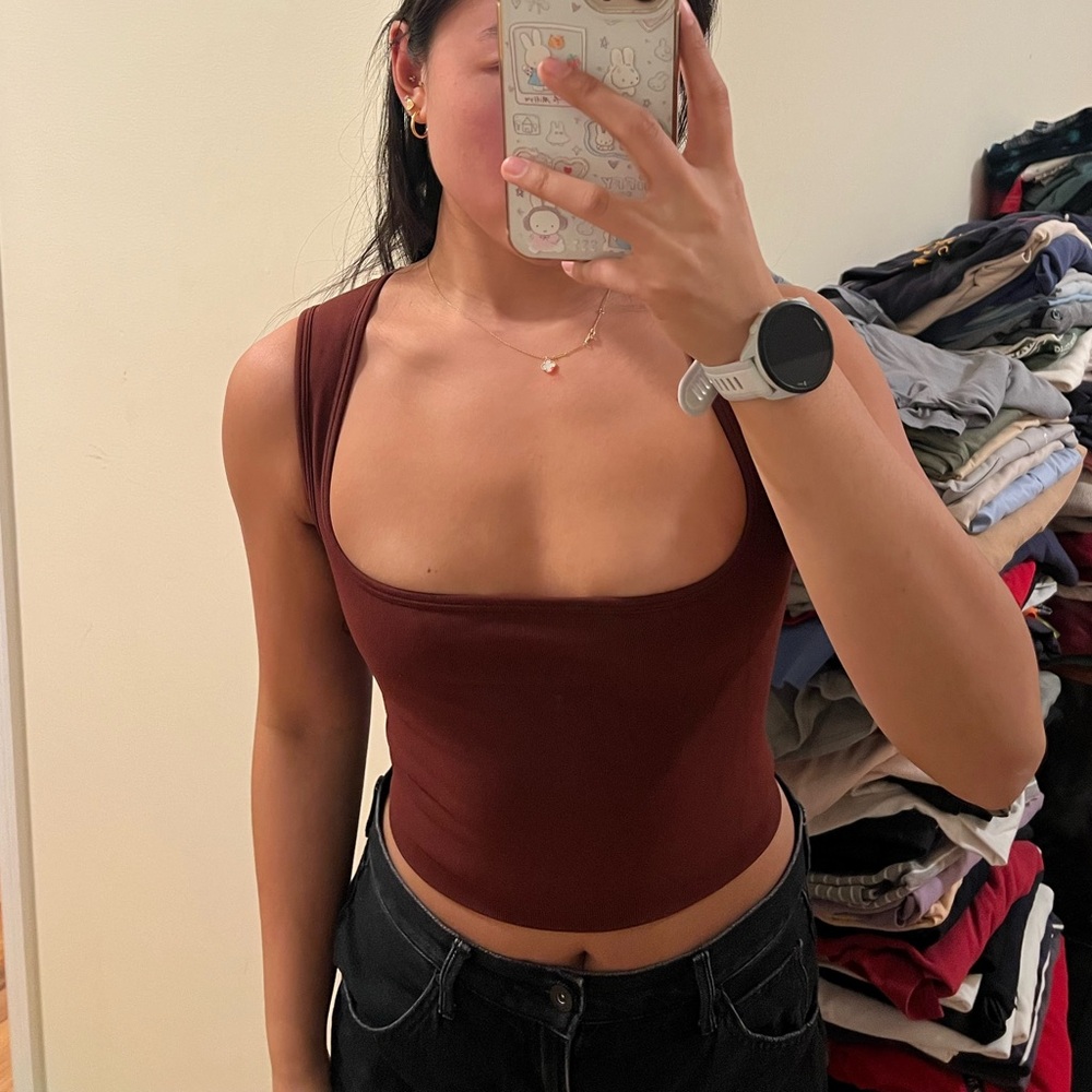 Brown square neck Top - Picture 2 of 4